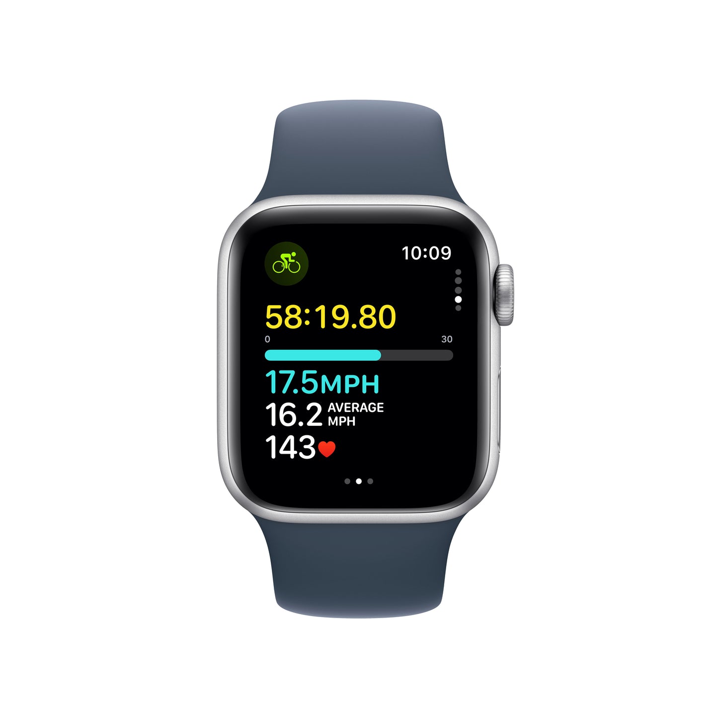 Apple Watch SE (2ème gén) • Alu 40mm Argent • Bracelet Sport Bleu Orage M/L