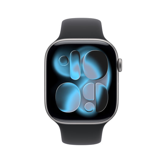 Apple Watch Series 11 GPS, Boîtier en aluminium gris sidéral 46 mm, Bracelet Sport noir - S/M
