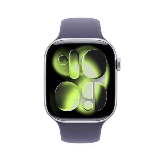Apple Watch Series 11 GPS, Boîtier en aluminium argent 46 mm, Bracelet Sport brume violette - S/M