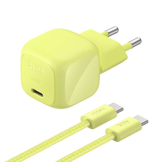 Belkin • BoostCharge Chargeur secteur USB-C GaN 30 W avec câble tressé 2 m • Vert