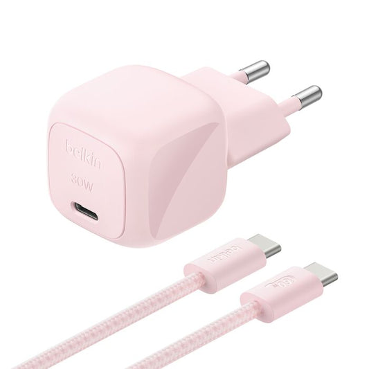Belkin • BoostCharge Chargeur secteur USB-C GaN 30 W avec câble tressé 2 m • Rose
