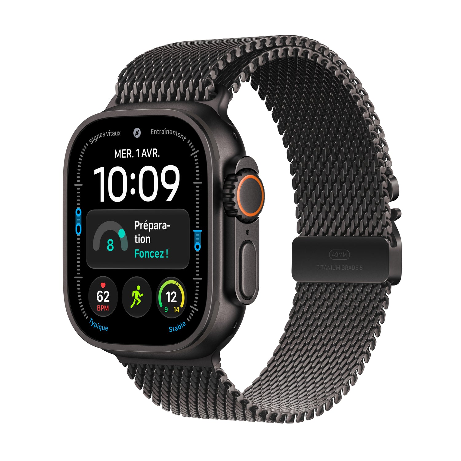 Apple Watch Ultra 4 GPS + Cellular, Boîtier en titane noir de 49 mm, Bracelet Milanais titane noir - L