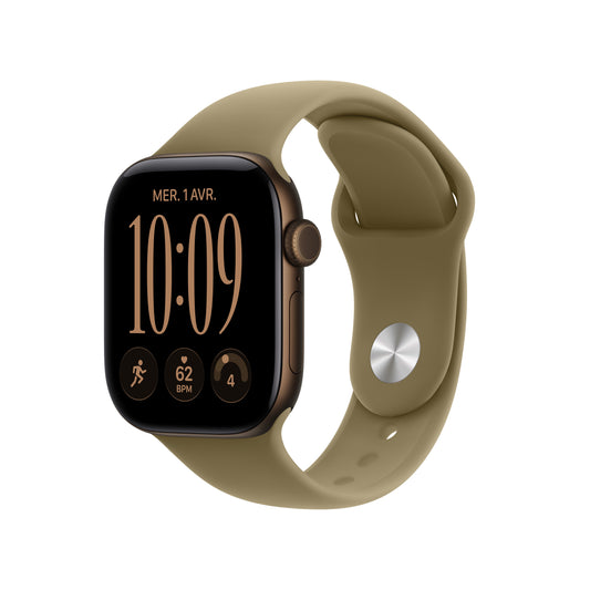 Apple Watch Series 12 GPS, Boîtier en aluminium bronze sombre de 42 mm, Bracelet Sport olive - S/M