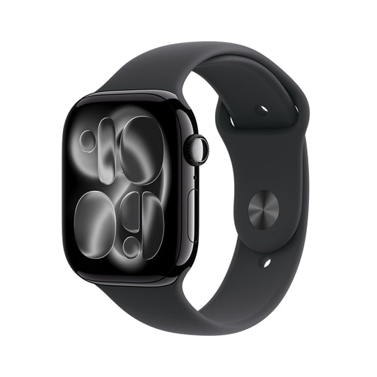 Apple Watch Series 11 GPS, Boîtier en aluminium noir de jais 46 mm, Bracelet Sport noir - M/L