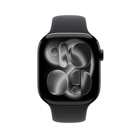 Apple Watch Series 11 GPS, Boîtier en aluminium noir de jais 46 mm, Bracelet Sport noir - M/L
