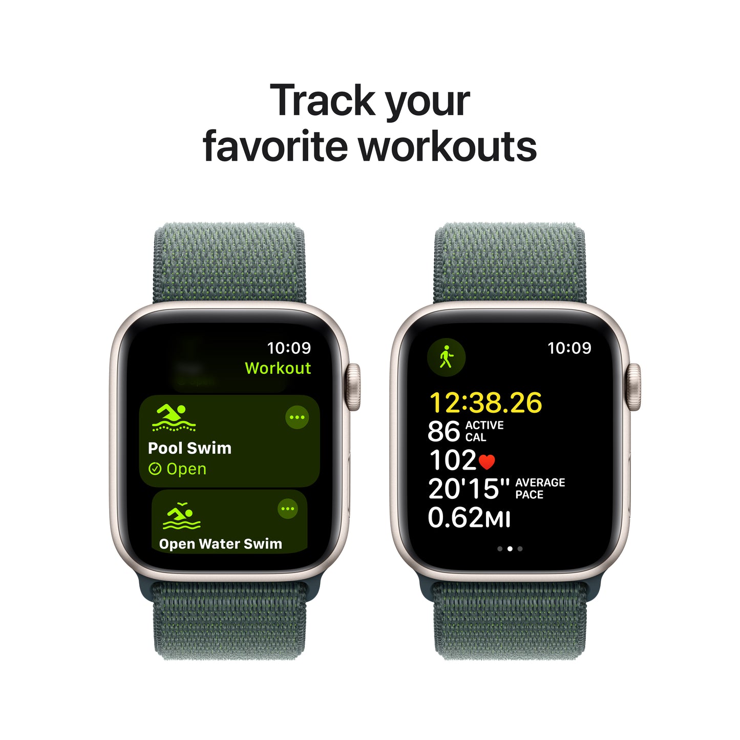 Apple Watch SE (2ème gén) • 44mm Lumière Stellaire • Boucle Sport Vert Lacustre