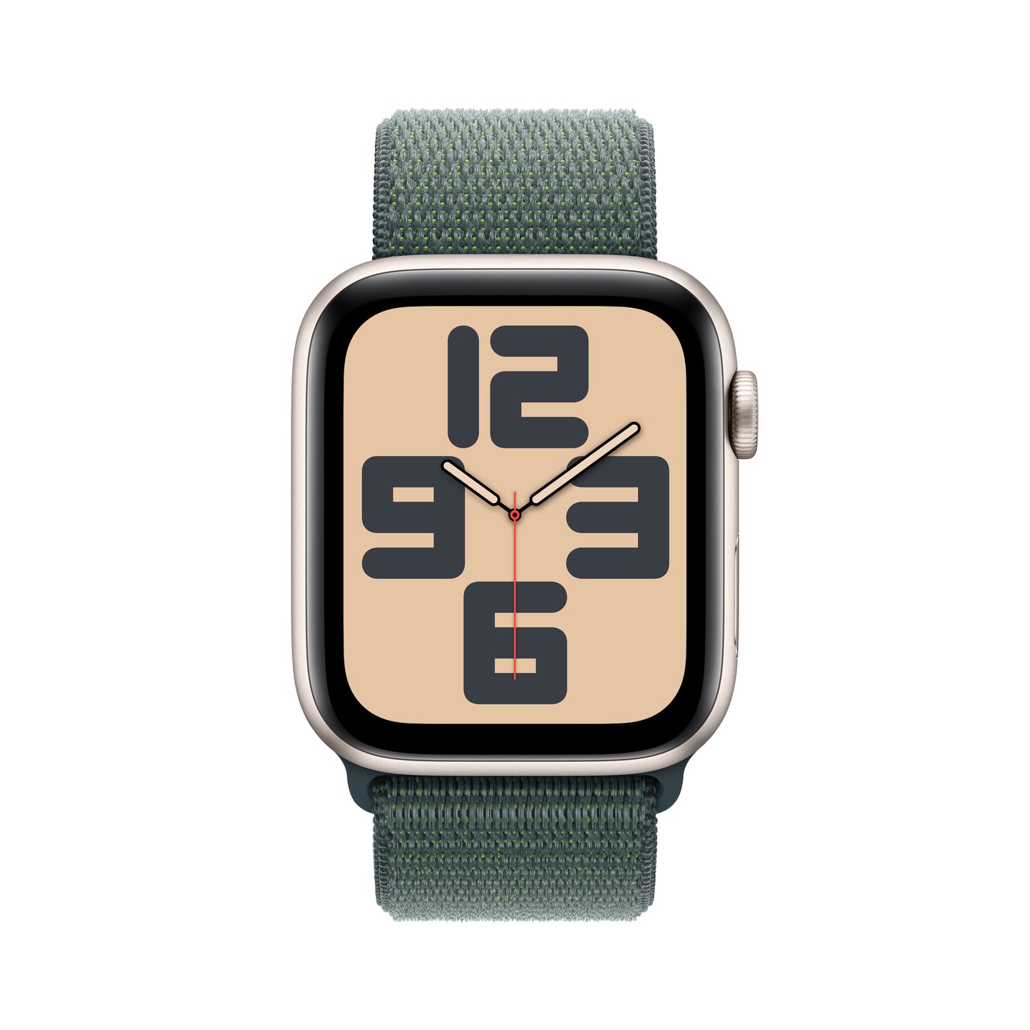 Apple Watch SE (2ème gén) • 44mm Lumière Stellaire • Boucle Sport Vert Lacustre