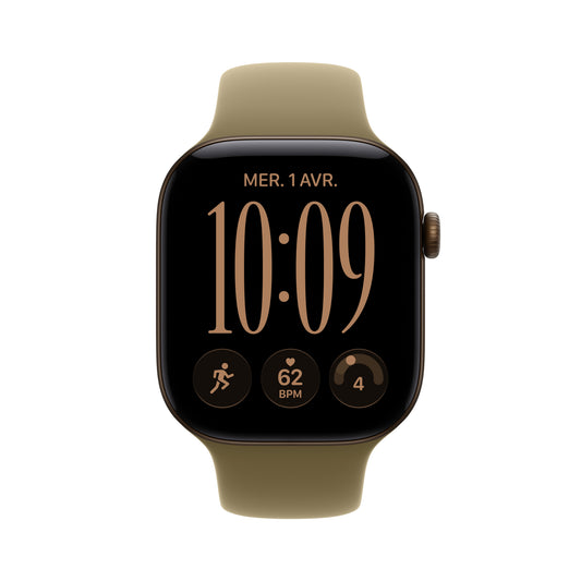 Apple Watch Series 12 GPS, Boîtier en aluminium bronze sombre de 46 mm, Bracelet Sport olive - S/M
