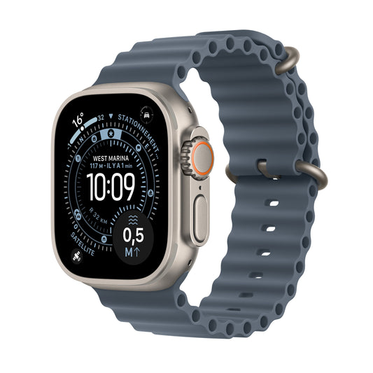 Apple Watch Ultra 3 GPS + Cellular, Boîtier en titane naturel de 49 mm, Bracelet Océan bleu maritime