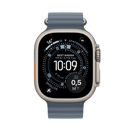 Apple Watch Ultra 3 GPS + Cellular, Boîtier en titane naturel de 49 mm, Bracelet Océan bleu maritime