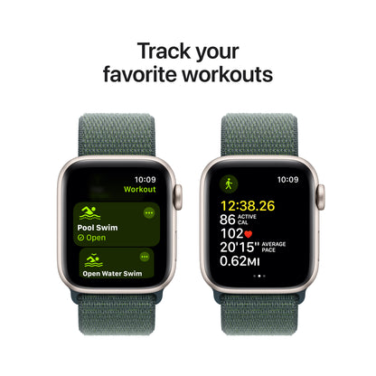Apple Watch SE (2ème gén) • 40mm Lumière Stellaire • Boucle Sport Vert Lacustre