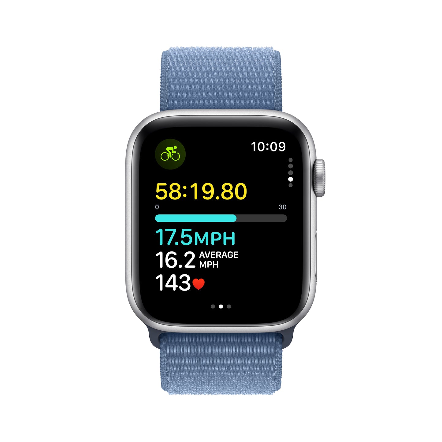 Apple Watch SE (2ème gén) • Alu 44mm Argent • Boucle Sport Bleu Hiver