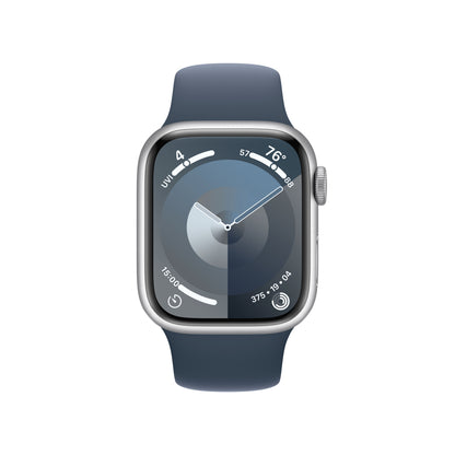 Apple Watch Series 9 • 41mm Argent • Bracelet Sport Bleu Marine S/M