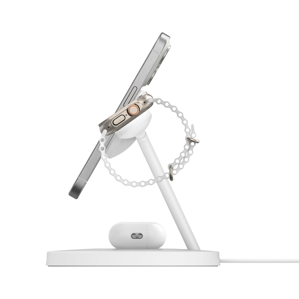 Belkin BoostCharge Pro Stand de charge 3in1 Qi2 MagSafe • Blanc