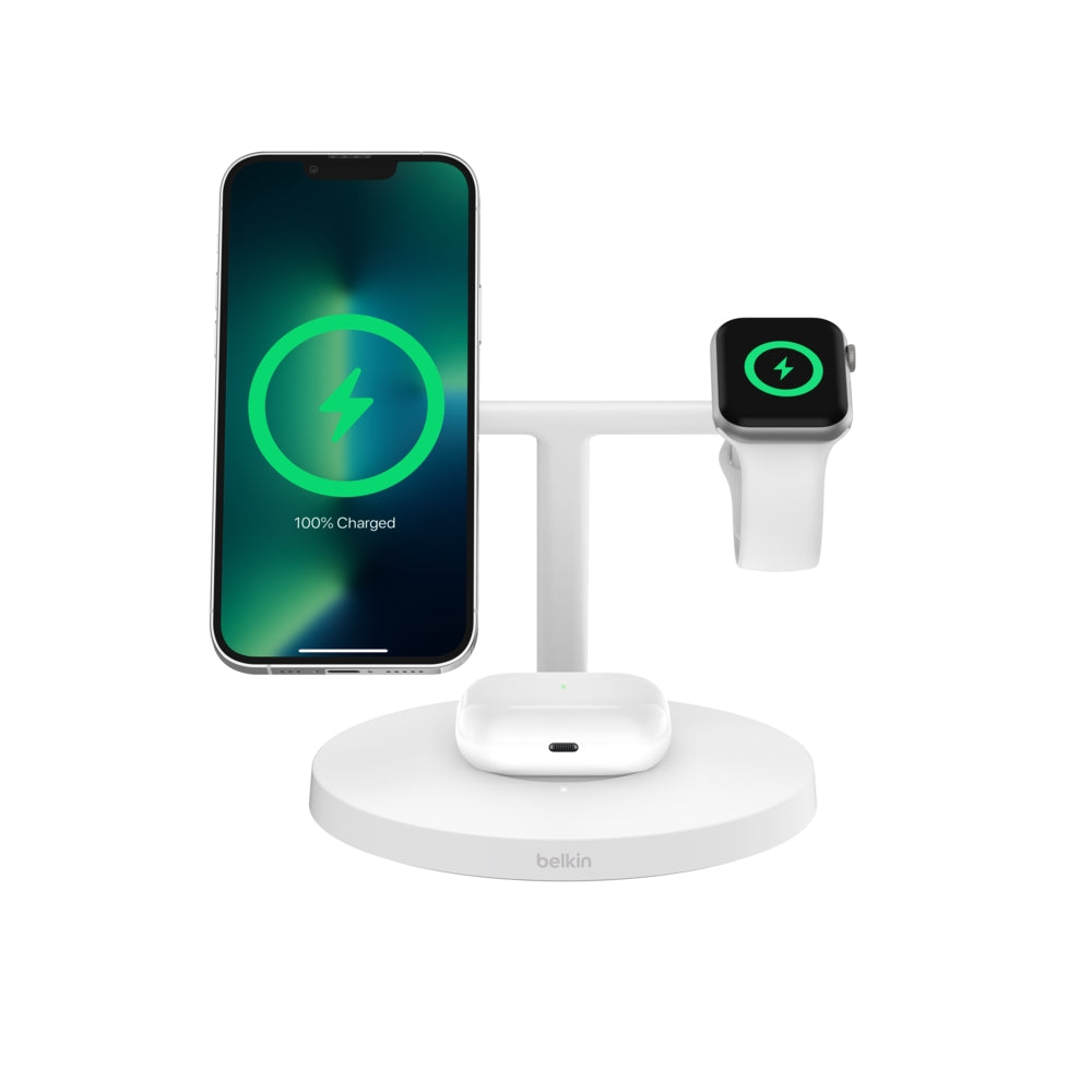 Belkin BoostCharge Pro Stand de charge 3in1 Qi2 MagSafe • Blanc