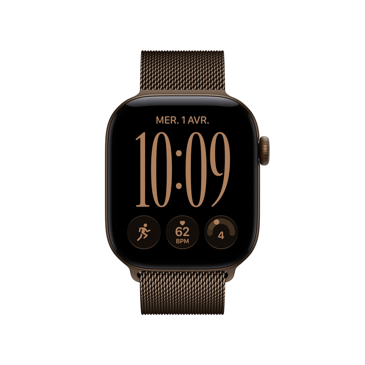 Apple Watch Series 12 GPS, Boîtier en aluminium bronze sombre de 42 mm, Bracelet Milanais bronze sombre