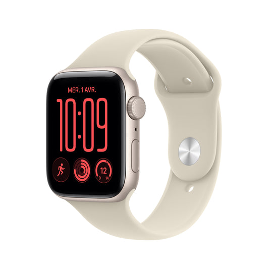 Apple Watch SE 3 GPS, Boîtier en aluminium lumière stellaire de 44 mm, Bracelet Sport sable - S/M