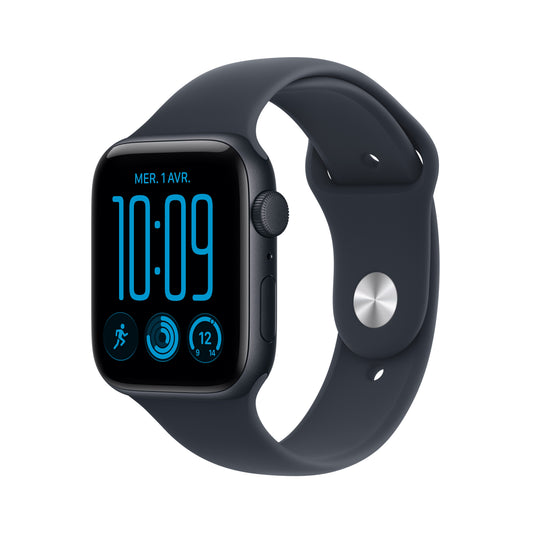 Apple Watch SE 3 GPS, Boîtier en aluminium minuit de 44 mm, Bracelet Sport bleu marine - M/L