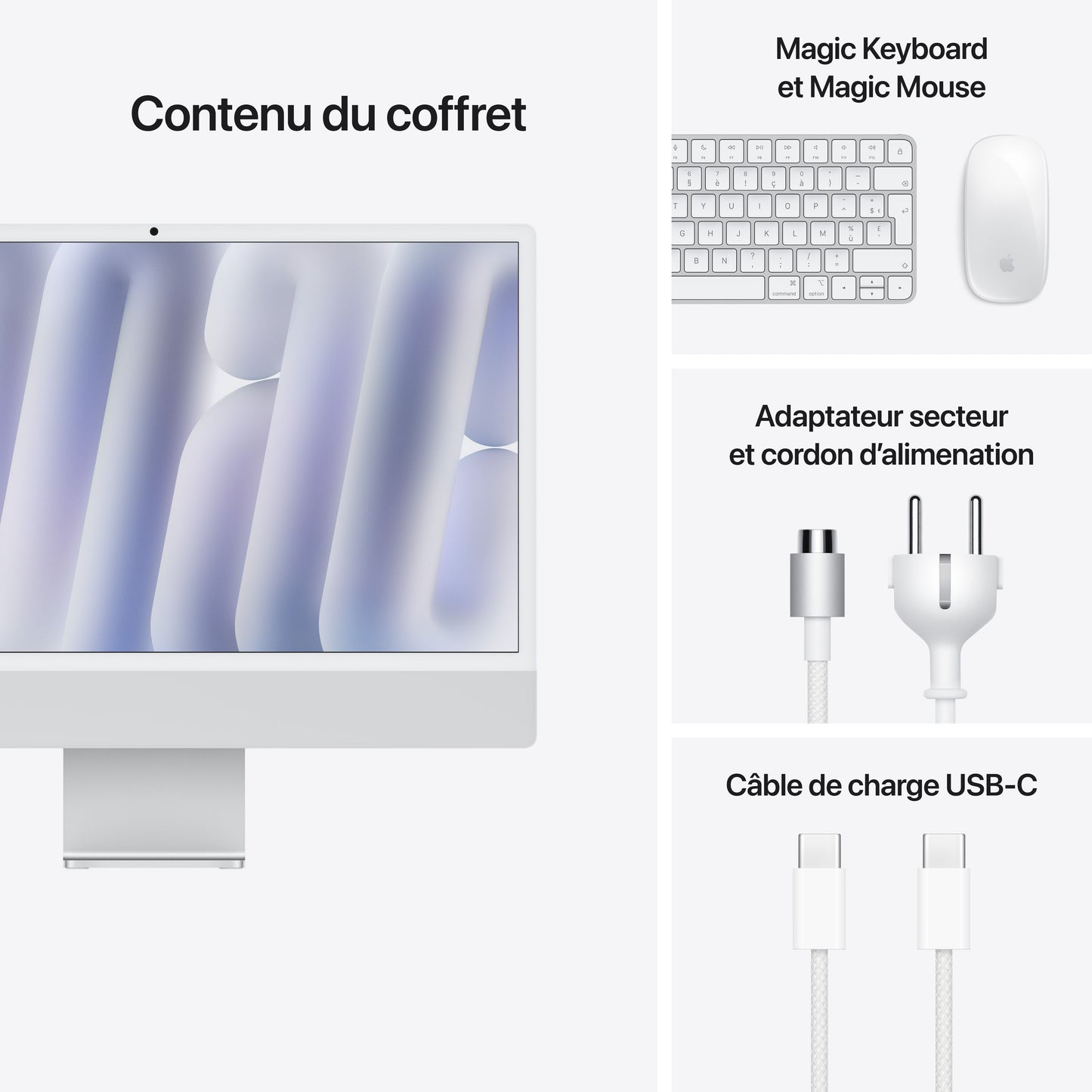 iMac 24 pouces avec écran Retina 4,5K: Puce Apple M4 avec CPU 8 cœurs et GPU 8 cœurs, 256 Go SSD - Argent