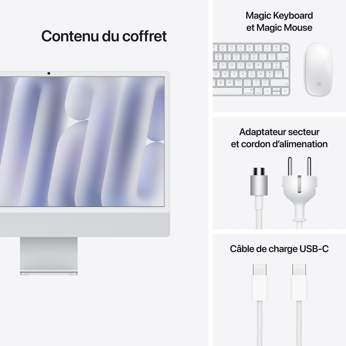 iMac 24 pouces avec écran Retina 4,5K: Puce Apple M4 avec CPU 8 cœurs et GPU 8 cœurs, 256 Go SSD - Argent