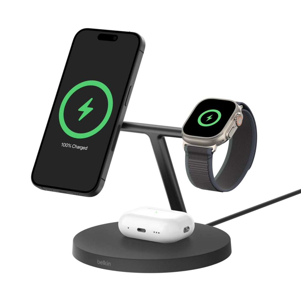 Belkin BoostCharge Pro Stand de charge 3in1 Qi2 MagSafe • Noir