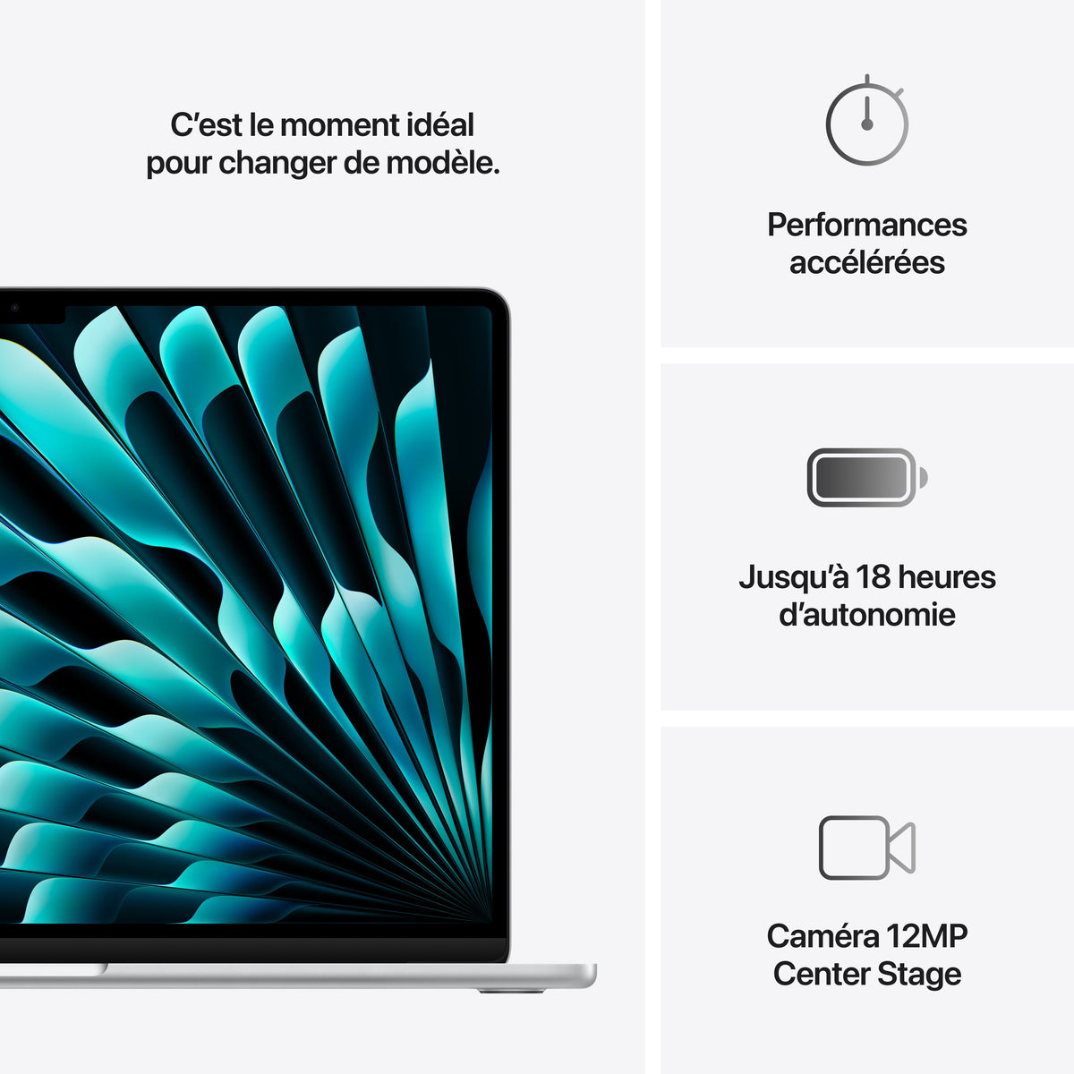 MacBook Air 15 pouces: Puce Apple M4 avec CPU 10 cœurs et GPU 10 cœurs, 256 Go SSD - Argent