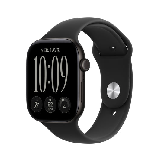 Apple Watch Series 12 GPS, Boîtier en aluminium noir de 46 mm, Bracelet Sport noir - S/M