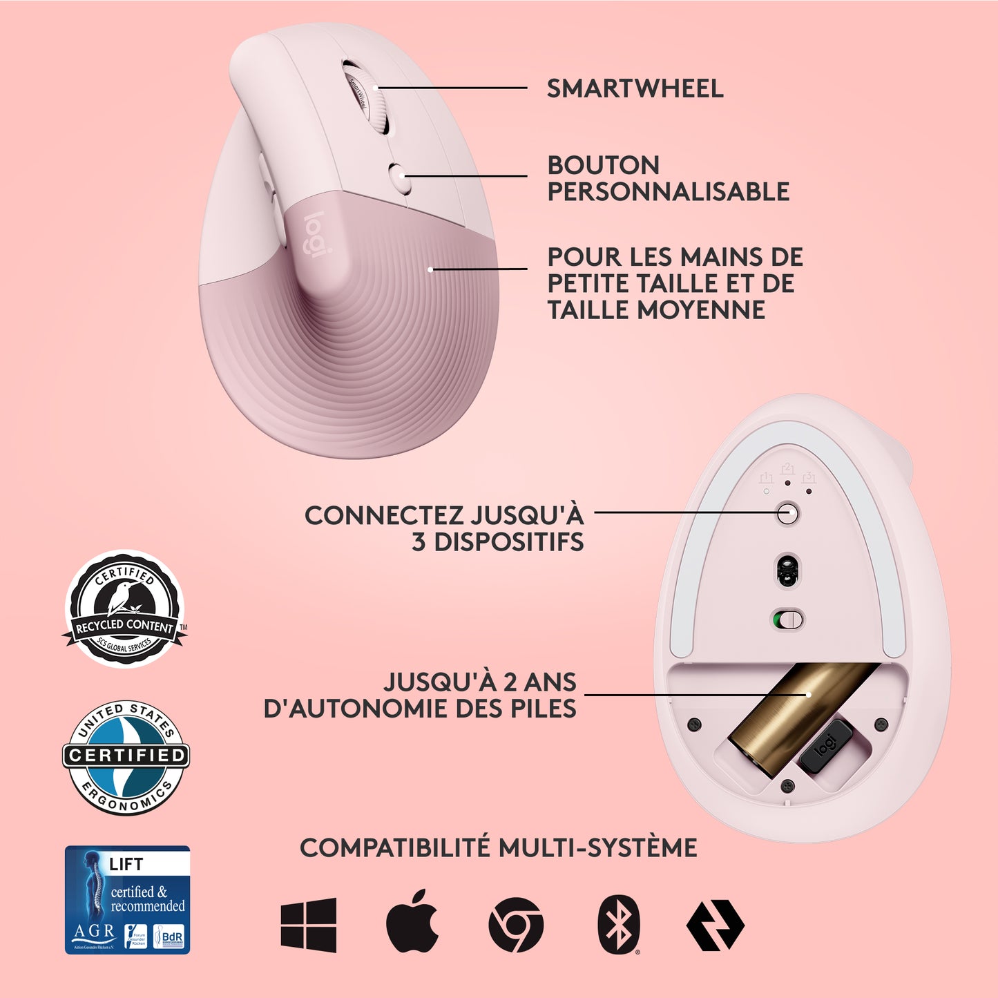 Logitech Lift RF sans fil + Bluetooth • Rose