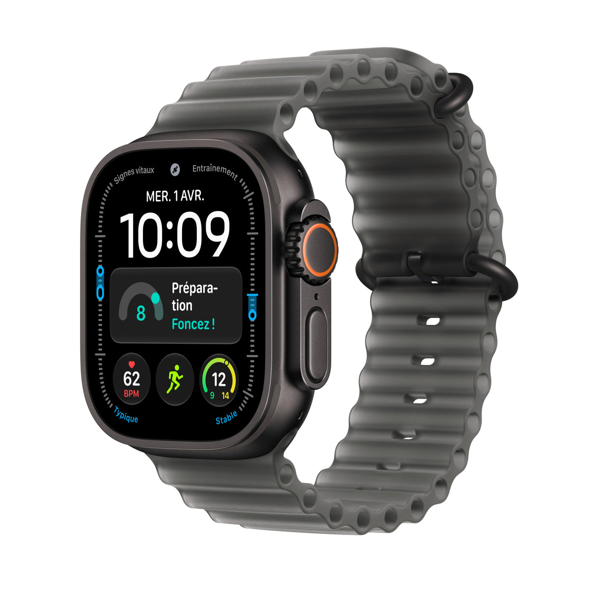 Apple Watch Ultra 4 GPS + Cellular, Boîtier en titane noir de 49 mm, Bracelet Océan noir translucide