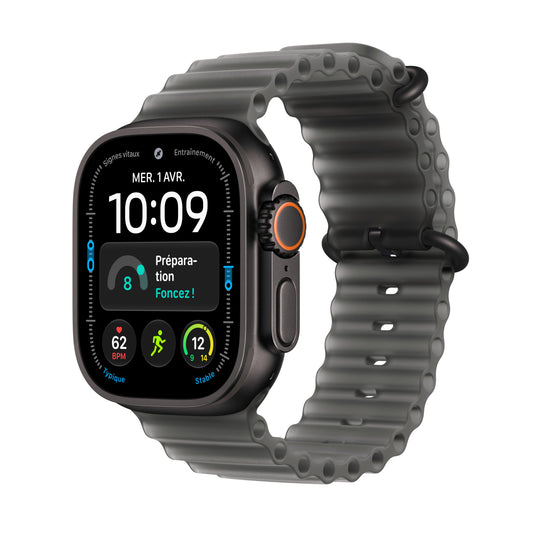 Apple Watch Ultra 4 GPS + Cellular, Boîtier en titane noir de 49 mm, Bracelet Océan noir translucide