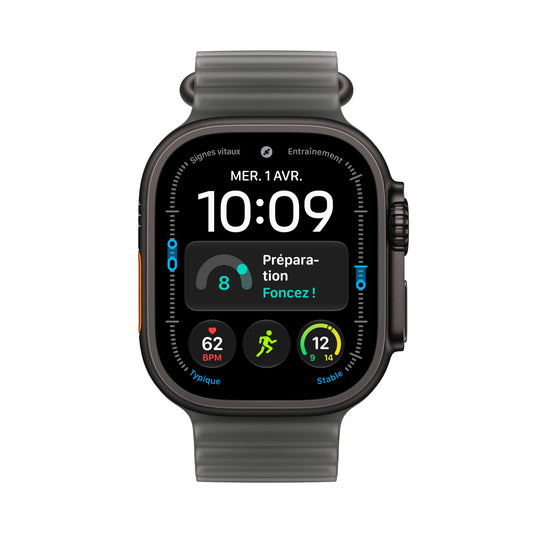 Apple Watch Ultra 4 GPS + Cellular, Boîtier en titane noir de 49 mm, Bracelet Océan noir translucide