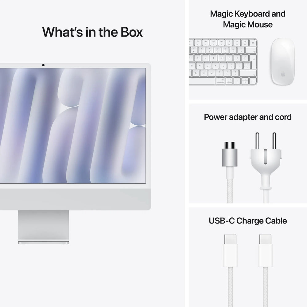 iMac 24 pouces avec écran Retina 4,5K: Puce Apple M4 avec CPU 8 cœurs et GPU 8 cœurs, 256 Go SSD - Argent