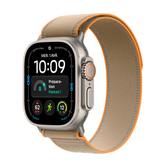 Apple Watch Ultra 4 GPS + Cellular, Boîtier en titane naturel de 49 mm, Boucle Trail sable - M/L
