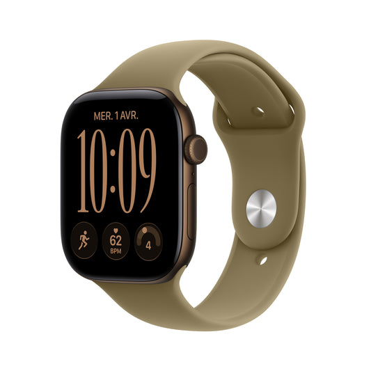 Apple Watch Series 12 GPS, Boîtier en aluminium bronze sombre de 46 mm, Bracelet Sport olive - M/L