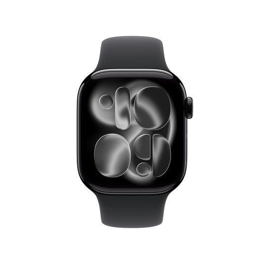 Apple Watch Series 11 GPS, Boîtier en aluminium noir de jais 42 mm, Bracelet Sport noir - S/M