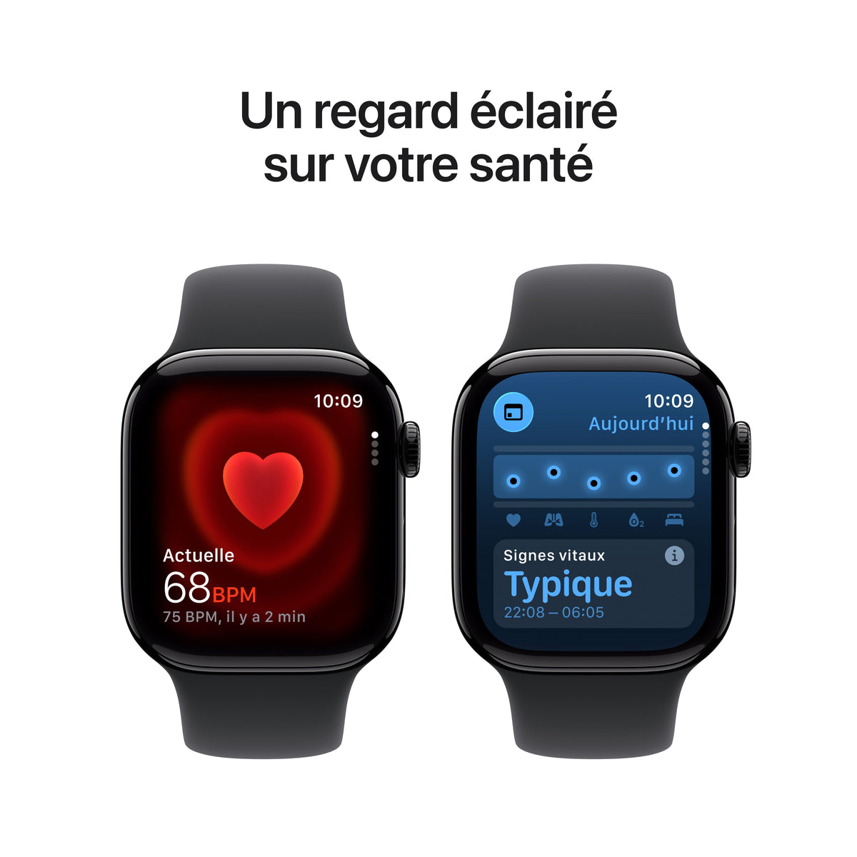 Apple Watch Series 11 GPS, Boîtier en aluminium noir de jais 42 mm, Bracelet Sport noir - M/L