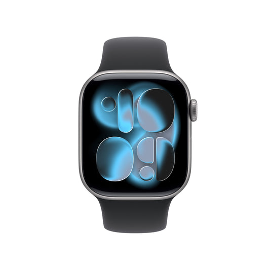 Apple Watch Series 11 GPS, Boîtier en aluminium gris sidéral 42 mm, Bracelet Sport noir - S/M