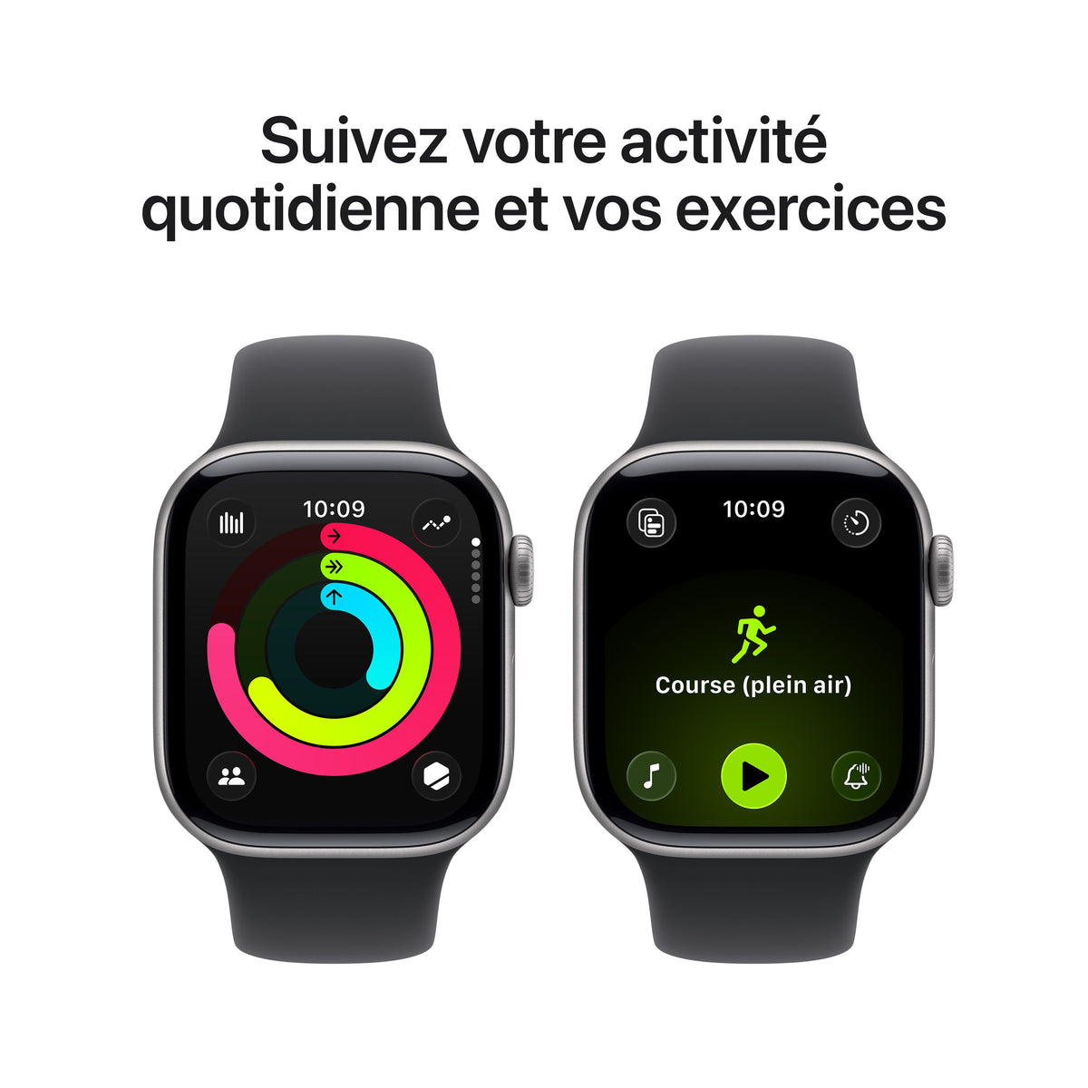 Apple Watch Series 11 GPS, Boîtier en aluminium gris sidéral 42 mm, Bracelet Sport noir - S/M