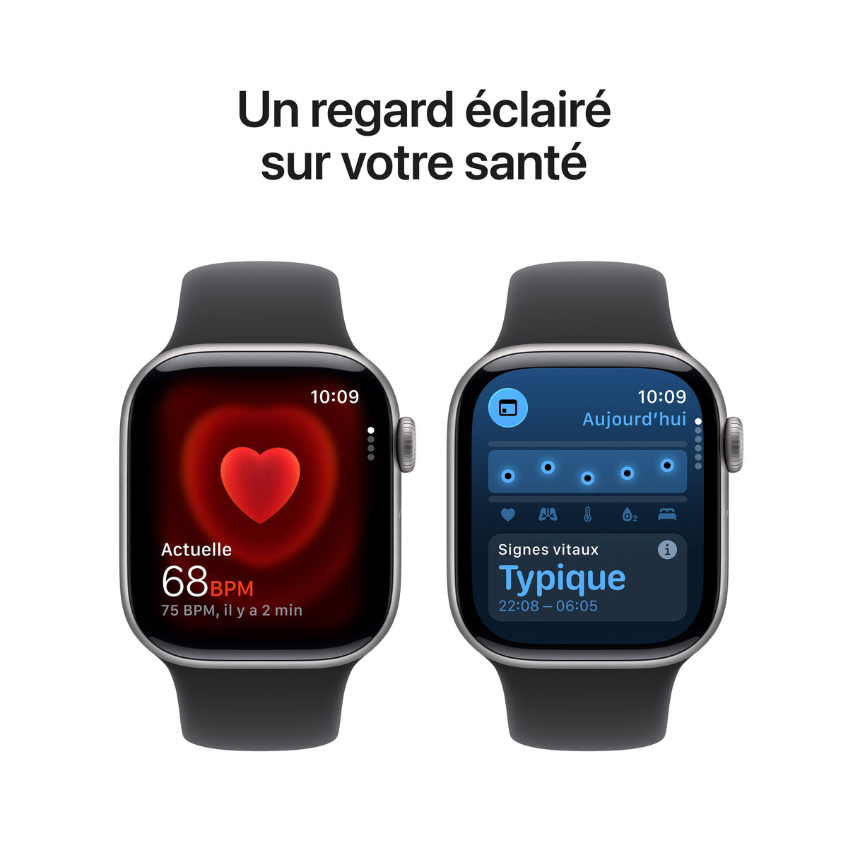 Apple Watch Series 11 GPS, Boîtier en aluminium gris sidéral 42 mm, Bracelet Sport noir - S/M
