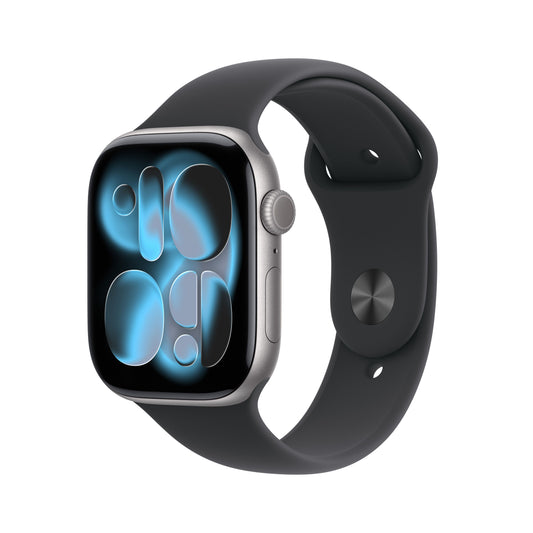 Apple Watch Series 11 GPS, Boîtier en aluminium gris sidéral 46 mm, Bracelet Sport noir - M/L