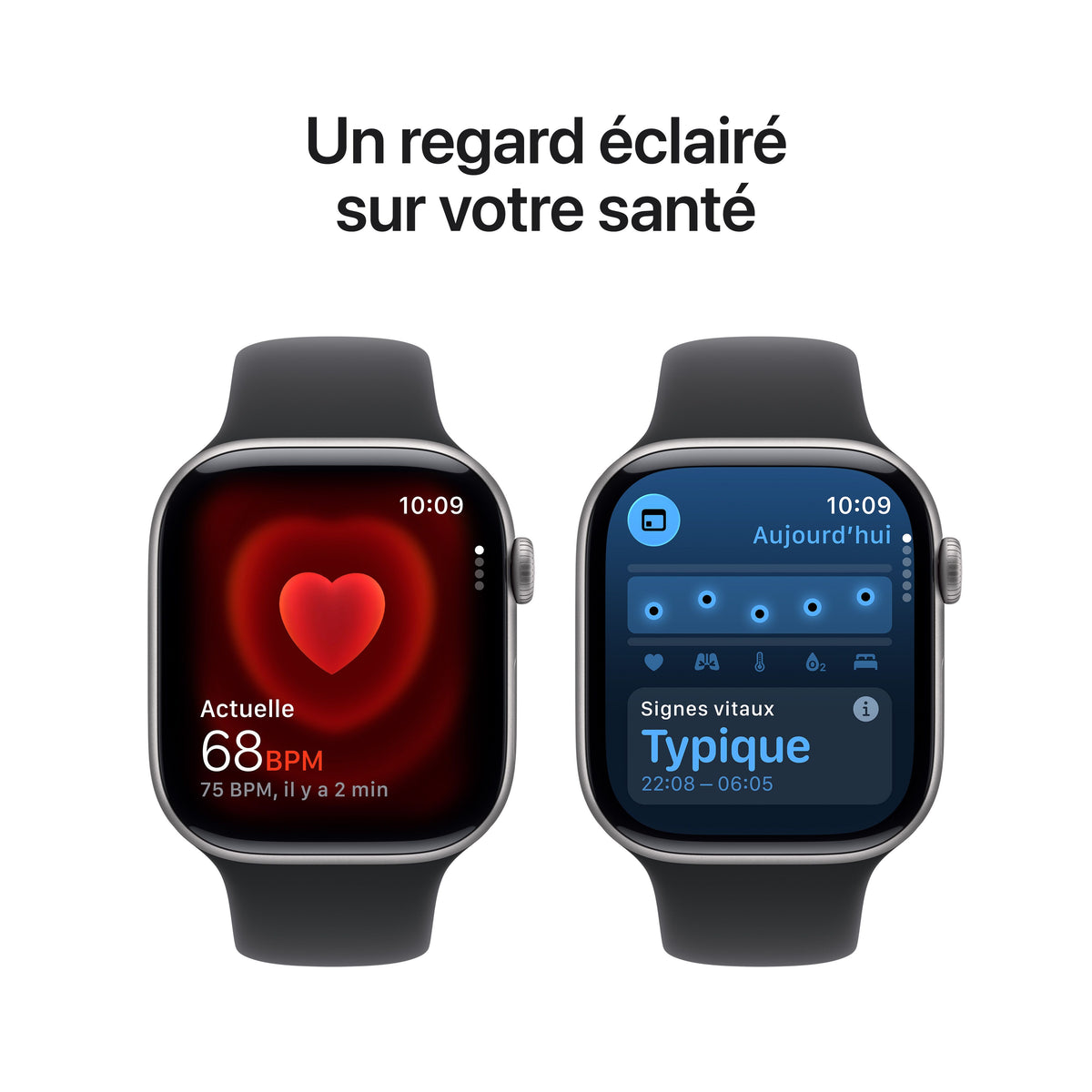 Apple Watch Series 11 GPS, Boîtier en aluminium gris sidéral 46 mm, Bracelet Sport noir - S/M