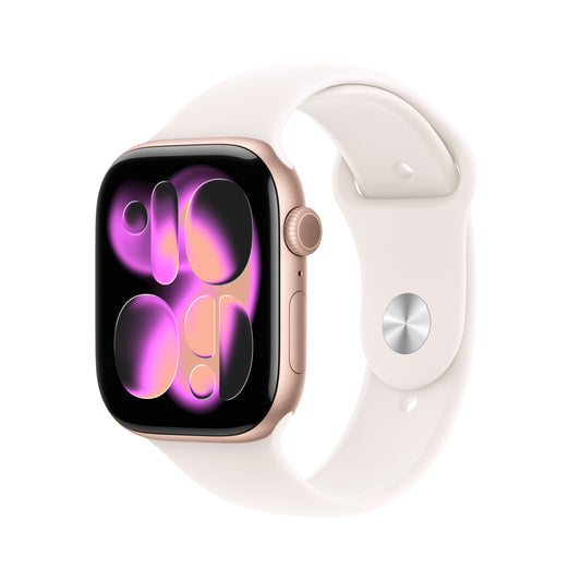 Apple Watch Series 11 GPS, Boîtier en aluminium or rose 46 mm, Bracelet Sport rose tendre - M/L