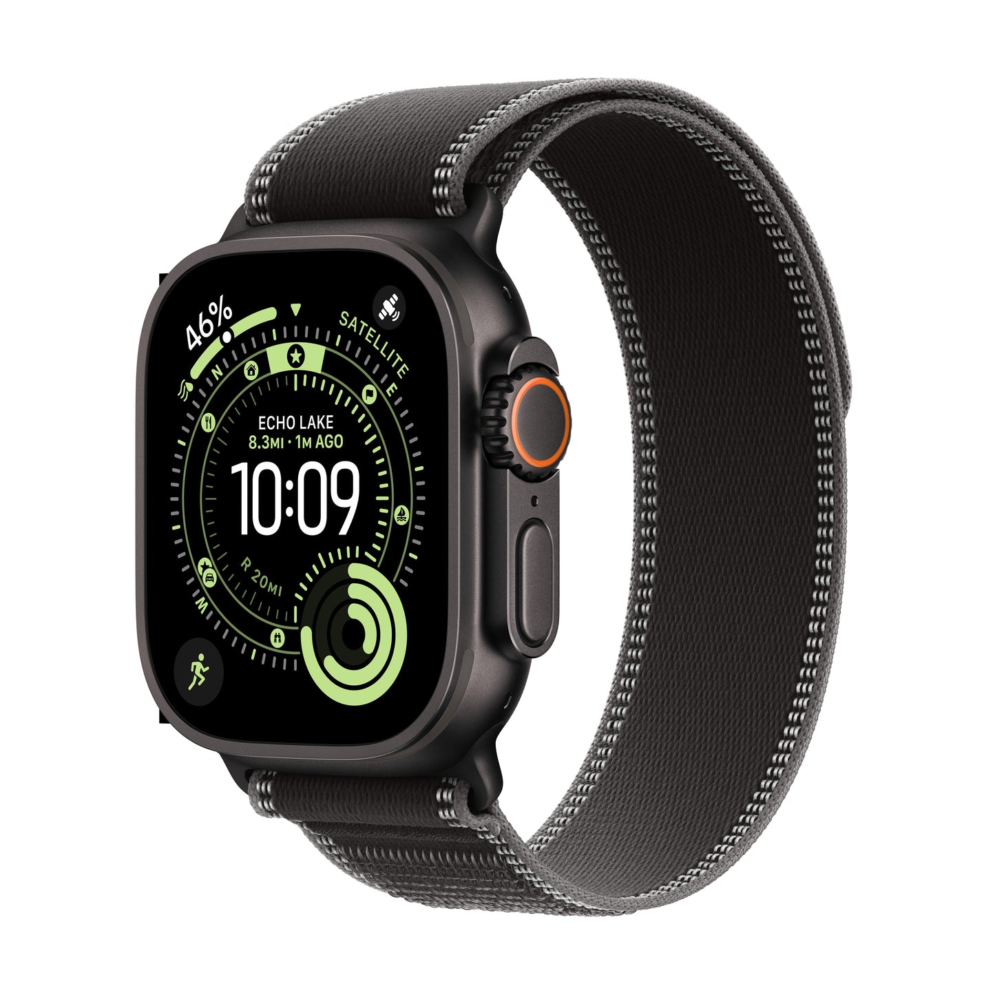 Apple • Apple Watch Ultra 3 • Titane noir • Bracelet Trail Loop noir/charbon (M/L)