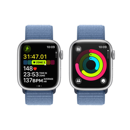 Apple Watch Series 9 • 41mm Argent • Boucle Sport Bleu Hiver