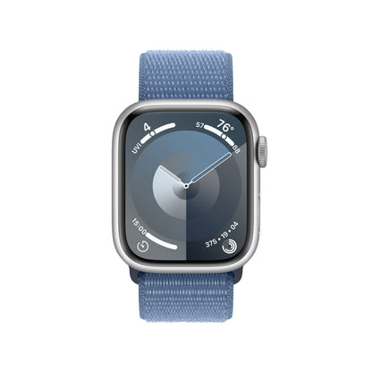 Apple Watch Series 9 • 41mm Argent • Boucle Sport Bleu Hiver