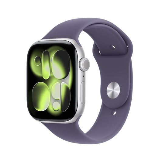 Apple Watch Series 11 GPS, Boîtier en aluminium argent 46 mm, Bracelet Sport brume violette - S/M