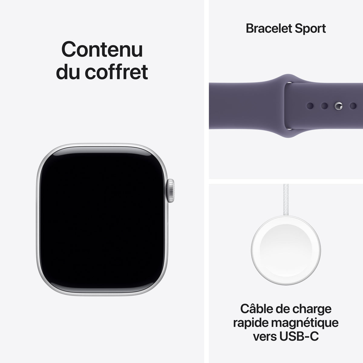 Apple Watch Series 11 GPS, Boîtier en aluminium argent 46 mm, Bracelet Sport brume violette - M/L
