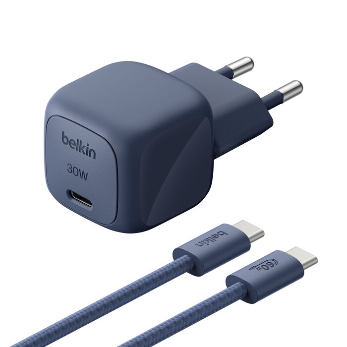 Belkin • BoostCharge Chargeur secteur USB-C GaN 30 W avec câble tressé 2 m • Bleu