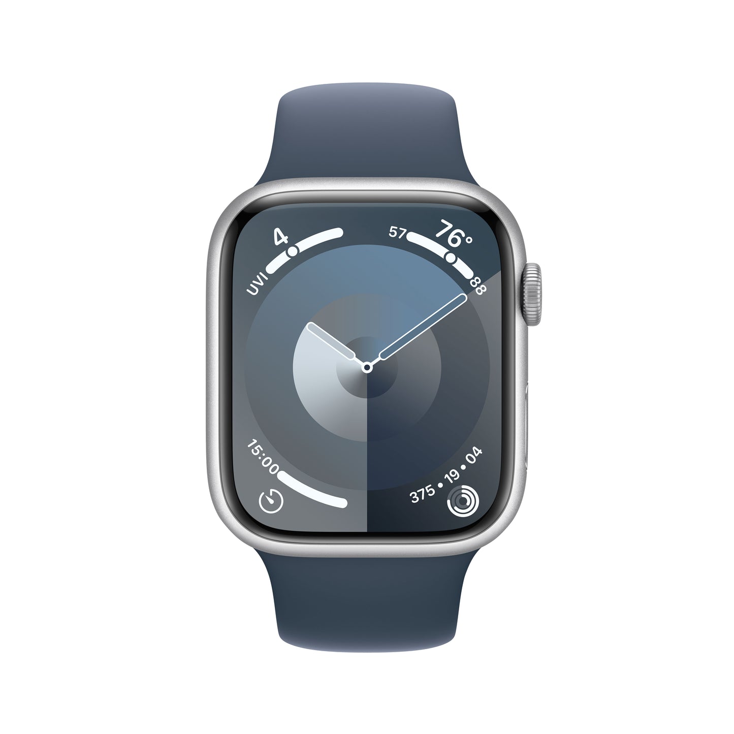 Apple Watch Series 9 • 45mm Argent • Bracelet Sport Bleu Marine S/M