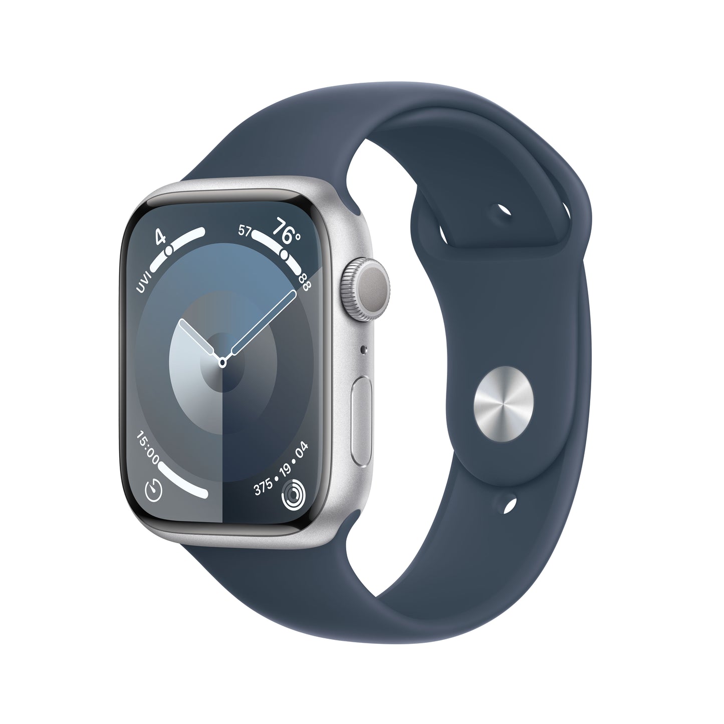 Apple Watch Series 9 • 45mm Argent • Bracelet Sport Bleu Marine S/M